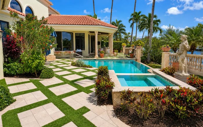 Modern paver patio with outdoor living space