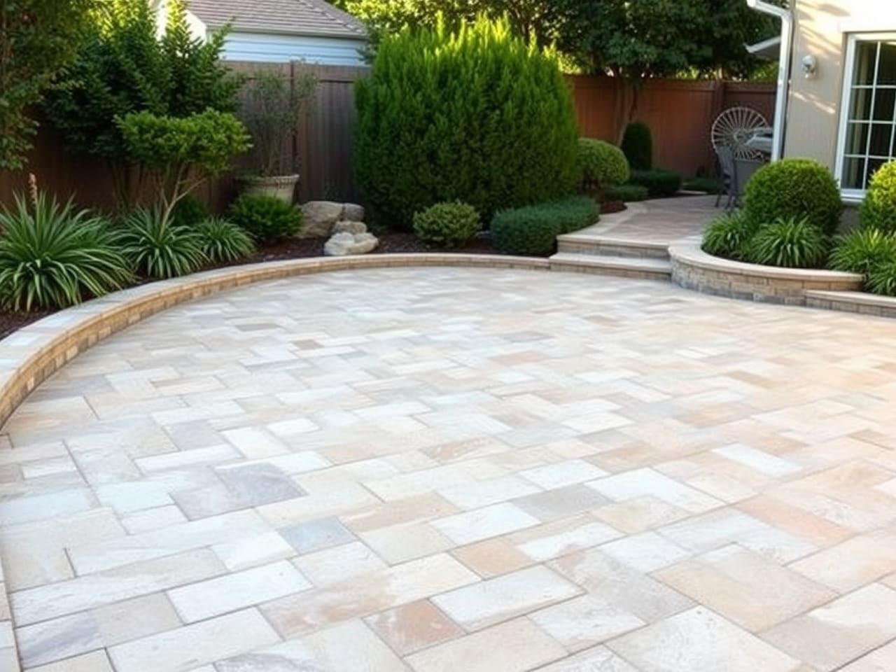 Elegant travertine paver patio in a landscaped backyard