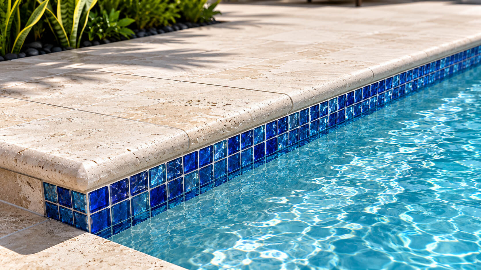Cream travertine bullnose pool coping above a cobalt glass waterline tile