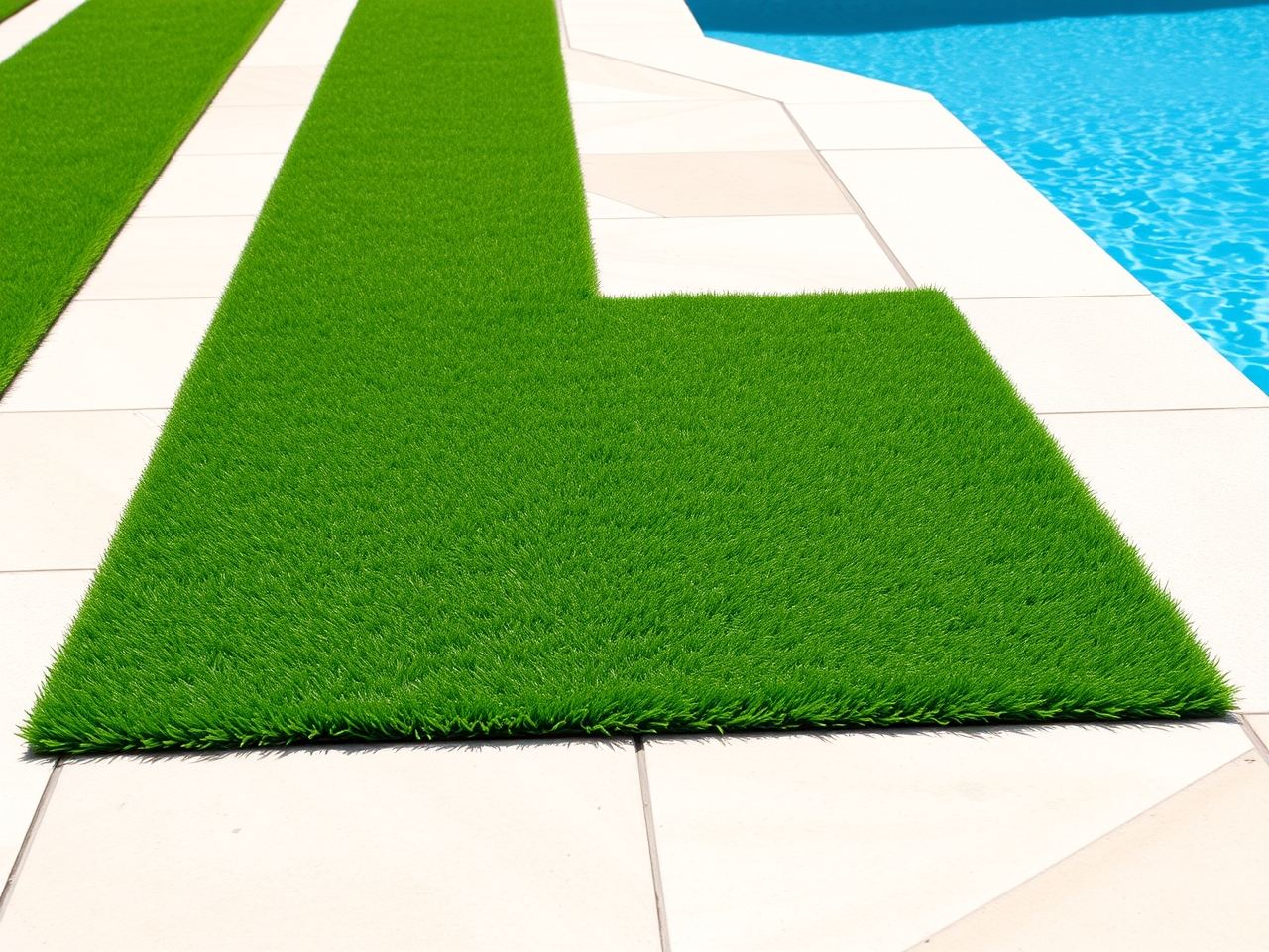 Artificial turf strip bordering a pool deck