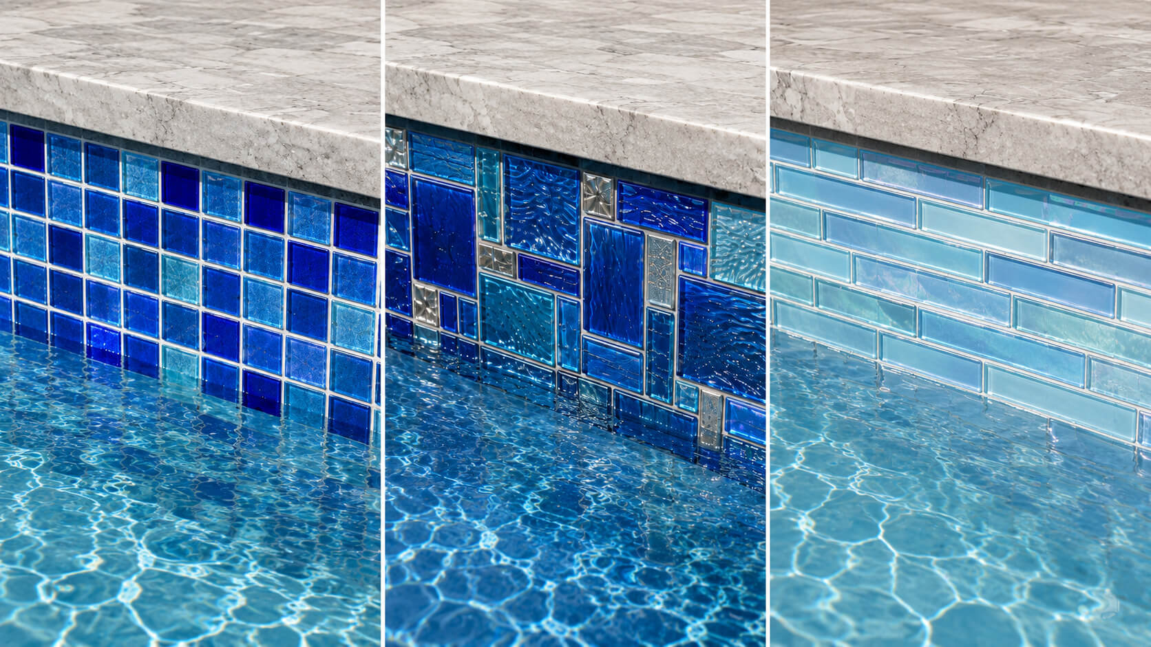 Three glass waterline tile styles side by side, from cobalt mosaic to light blue subway, below stone coping