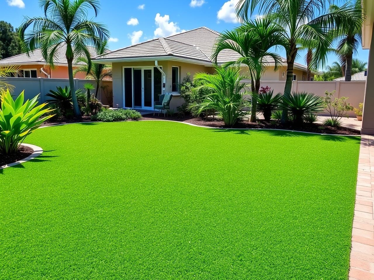 Backyard with even green artificial turf lawn