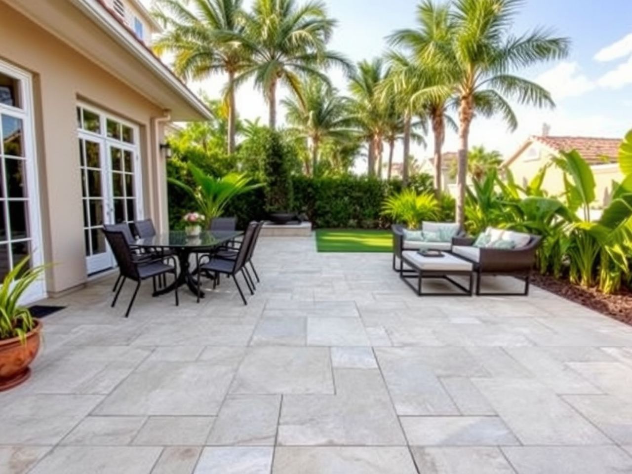 Paver patio with outdoor furniture in a landscaped backyard
