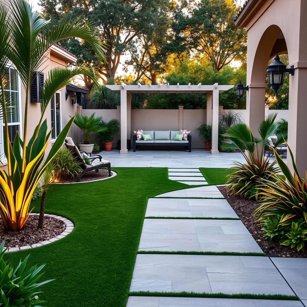 Artificial turf integrated with pavers and outdoor living areas