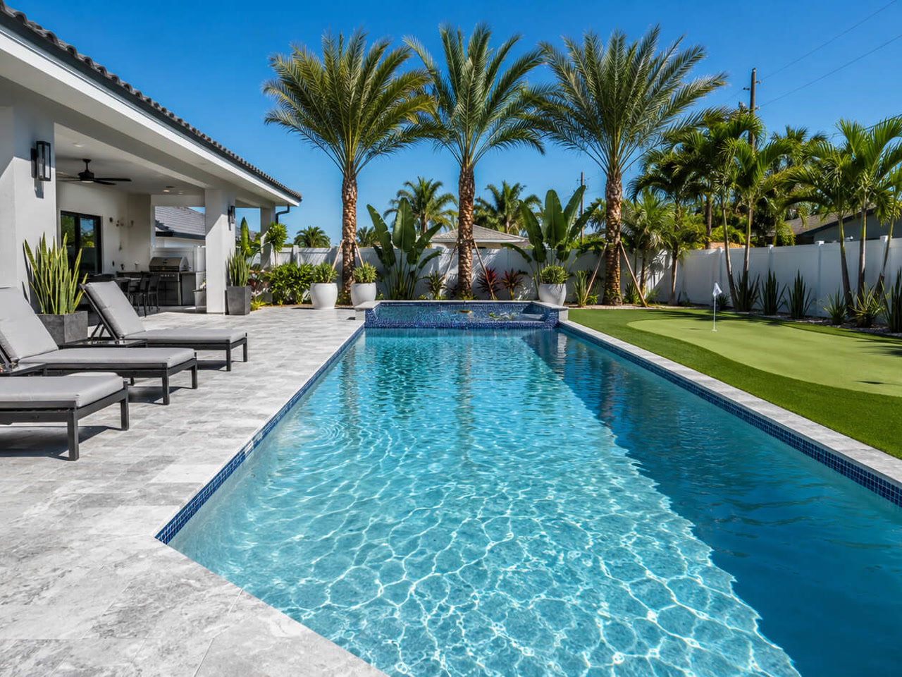 Artificial turf putting green bordering a travertine pool deck with loungers
