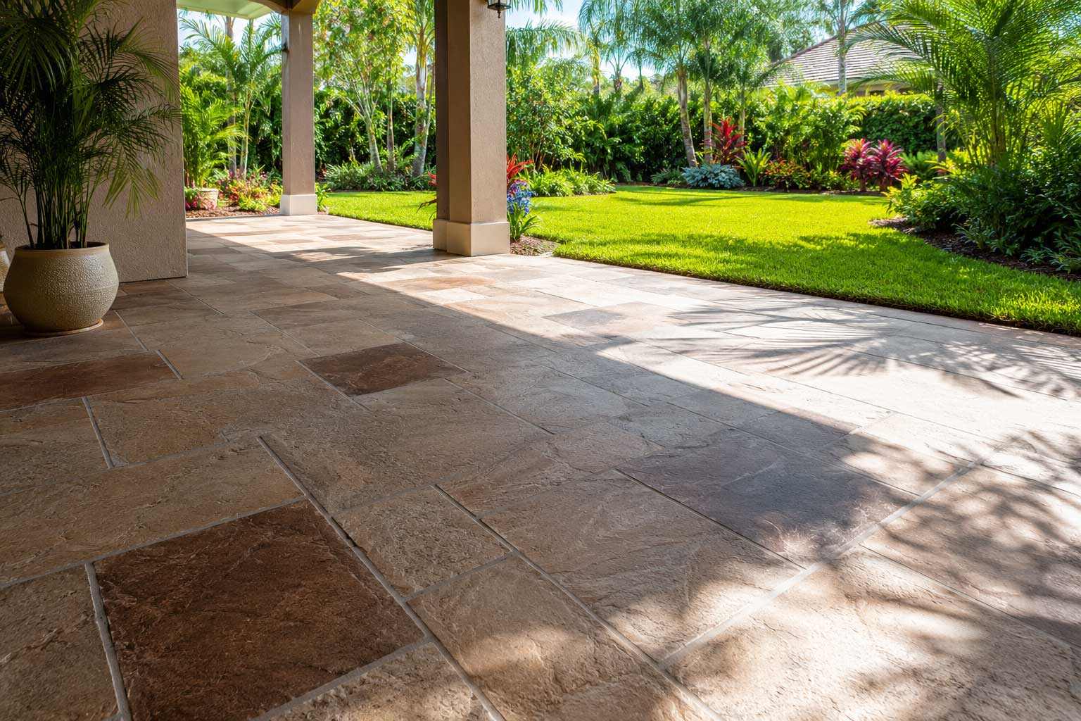 Concrete overlay patio with an earth-toned stamped tile finish beside a columned lanai in Palm Beach and Broward County