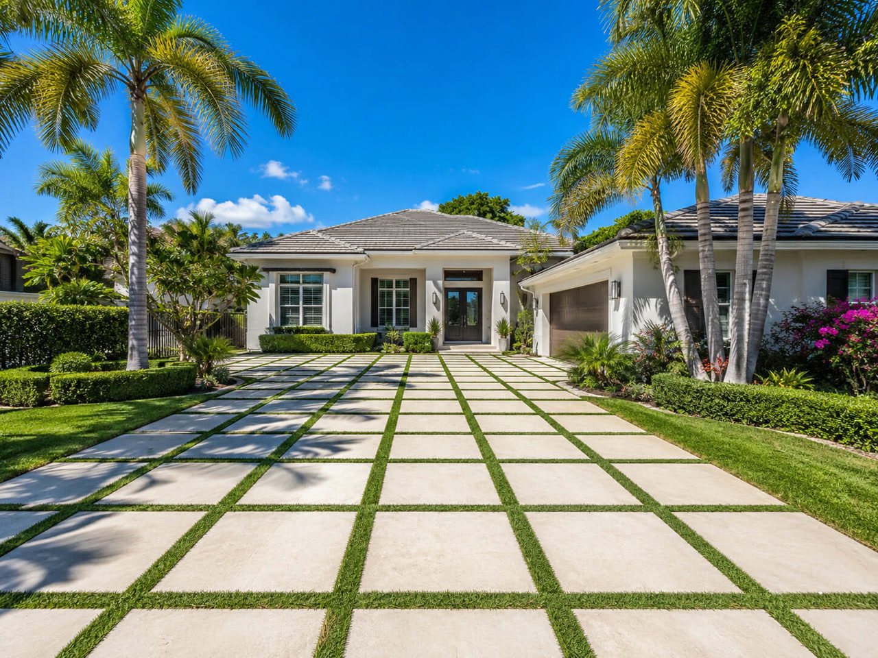 Large-format paver driveway with artificial turf joint lines between the pavers at a South Florida home