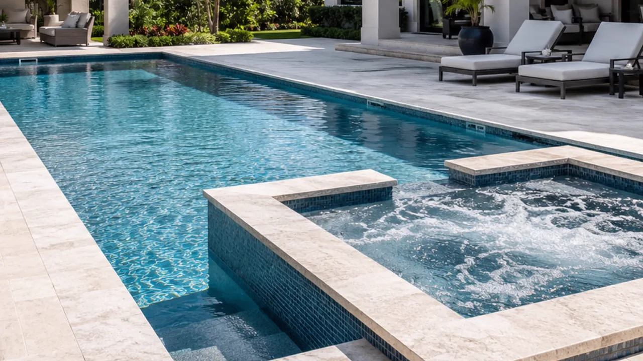 Freshly renovated resort-style swimming pool with travertine deck