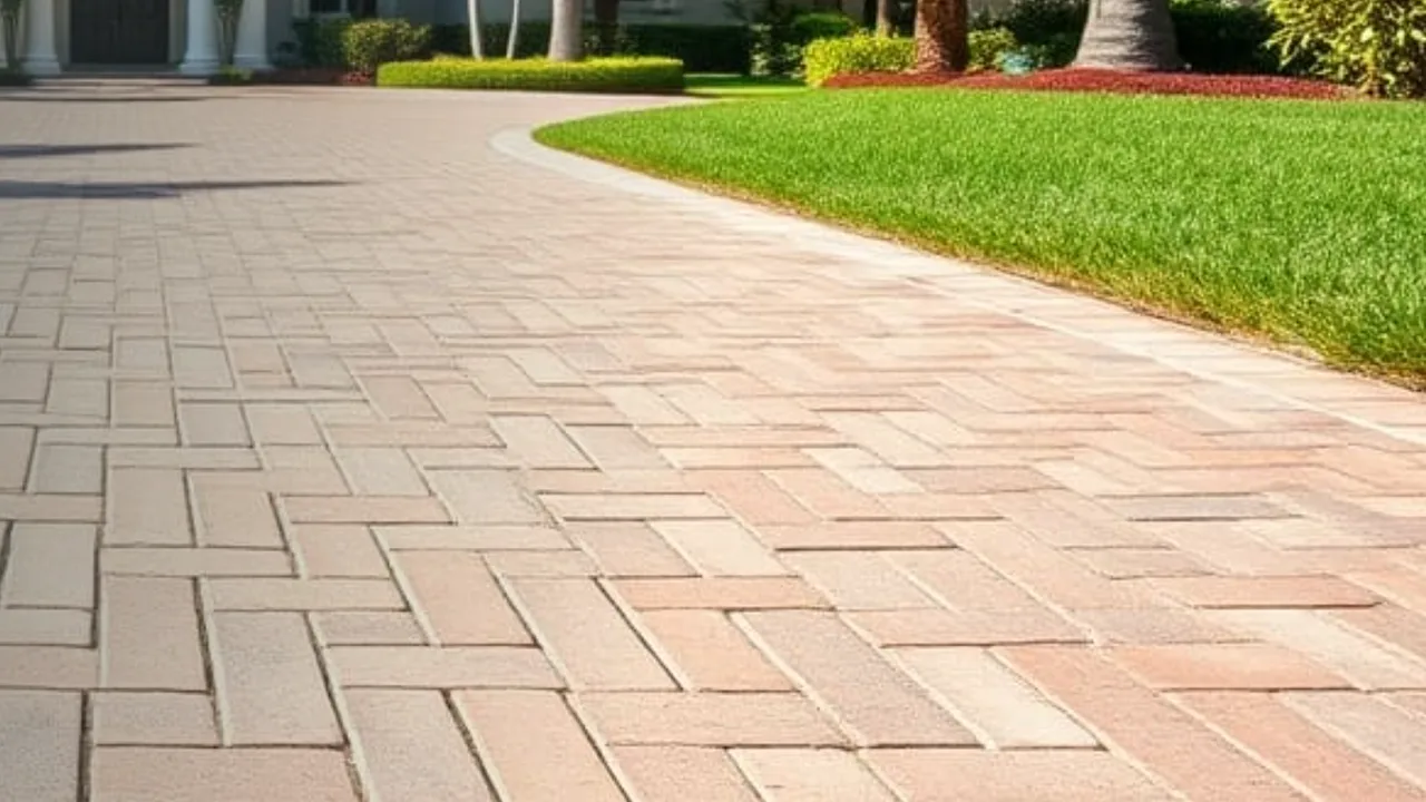 Luxury home driveway paved in a herringbone clay brick pattern