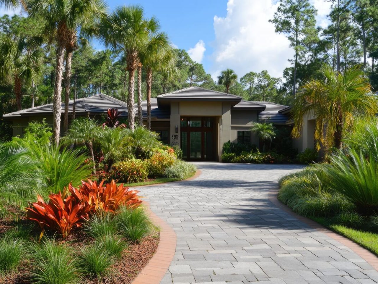Paver driveway widening into a gray entry court with a brick border and tropical landscaping at a Gulfstream estate