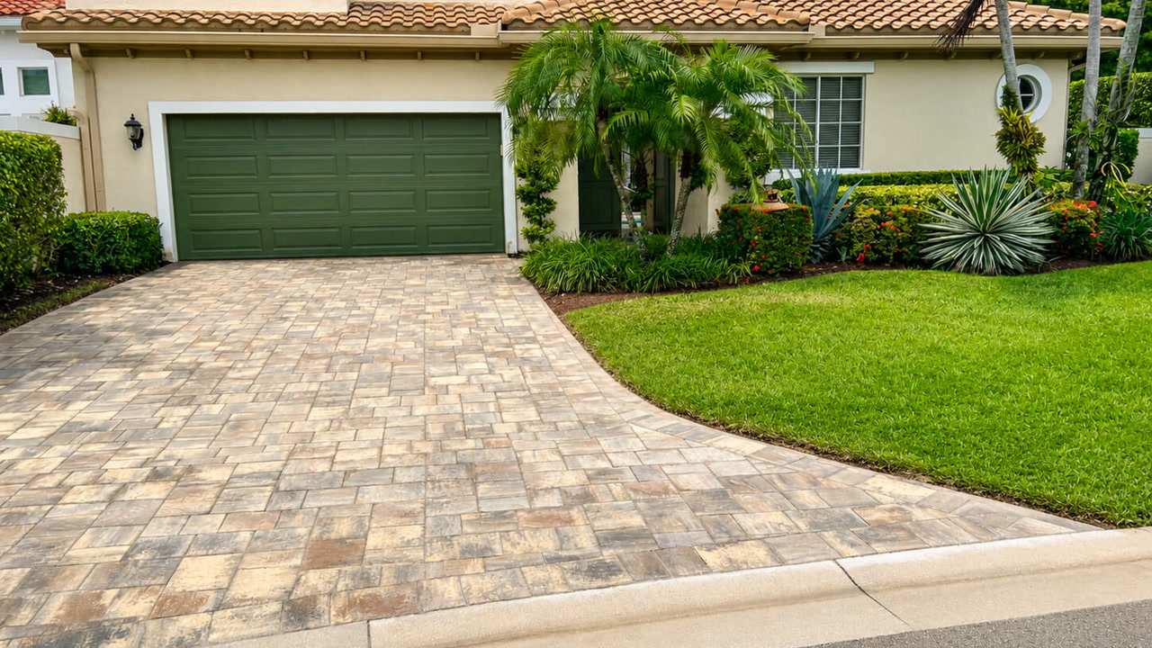 Renovated tan running bond paver driveway leading to a green garage door on a Juno Beach property
