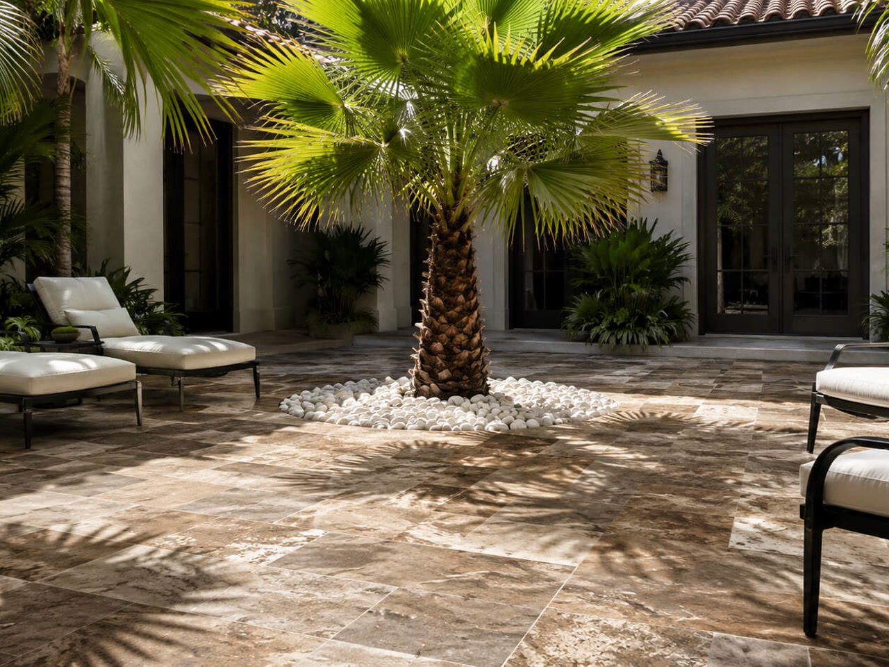 Finished travertine paver courtyard with a fan palm and lounge chairs in a Gulfstream backyard