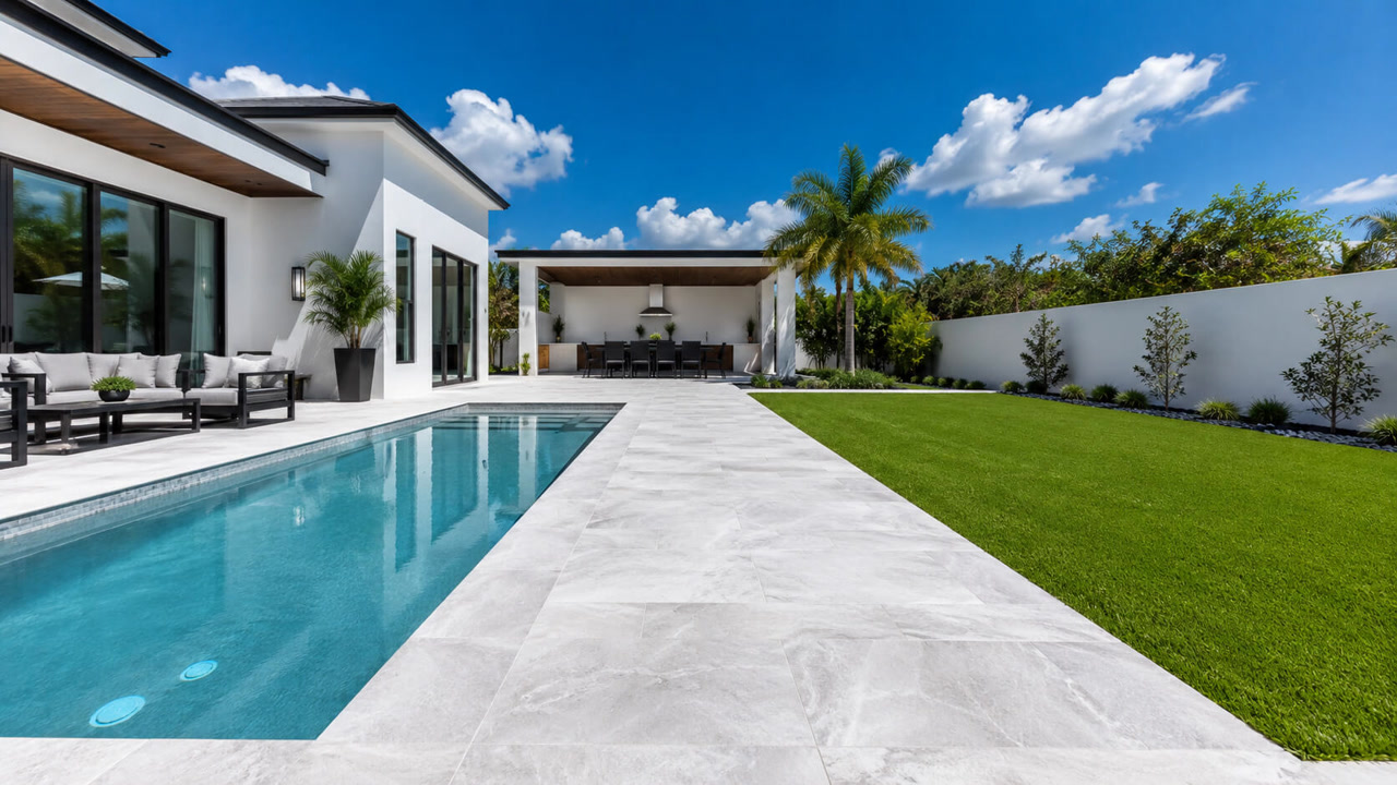Renovated backyard with a light gray paver walkway running between a lap pool and the lawn at a Hypoluxo home