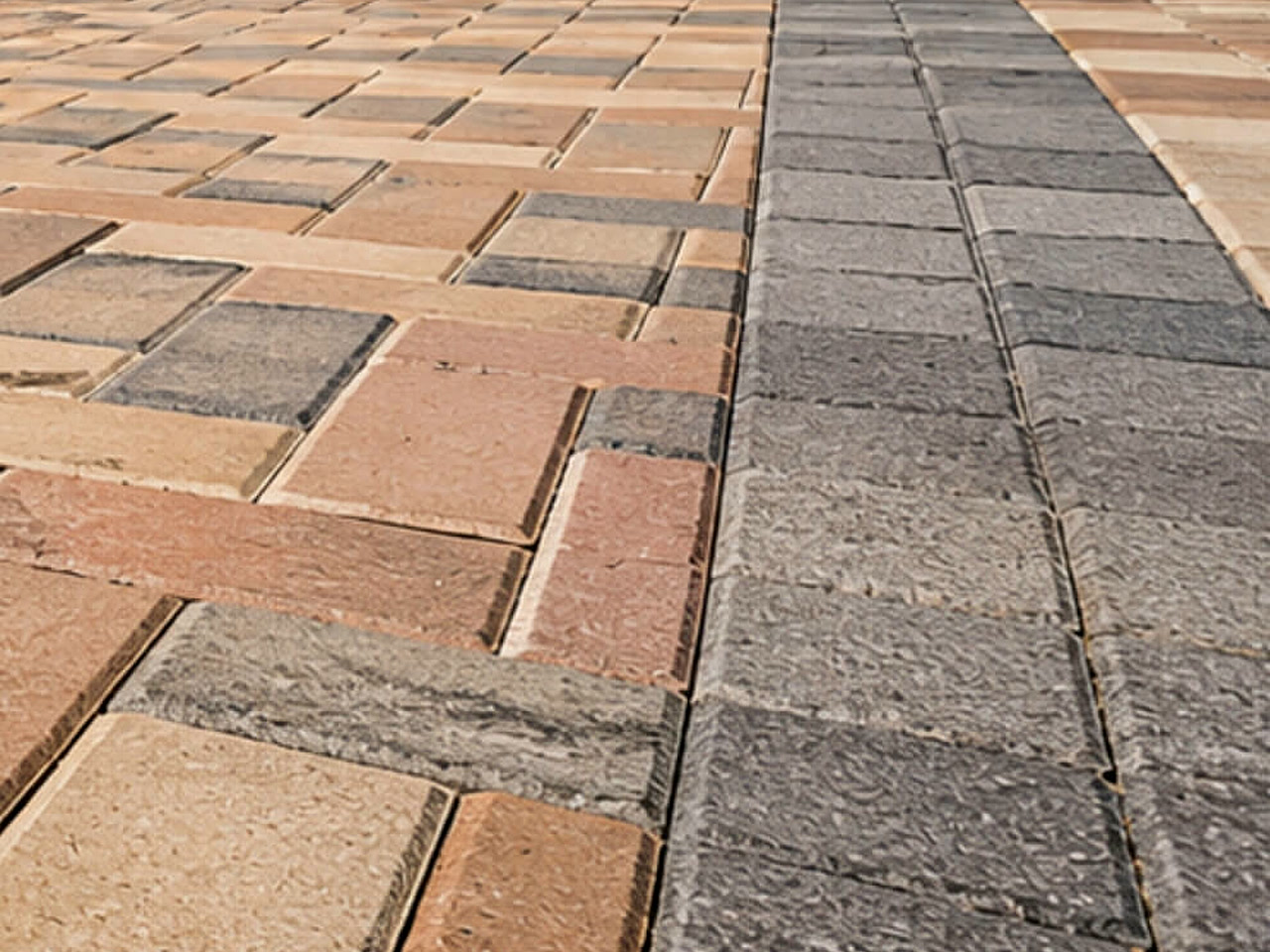 Ground-level view of a Jupiter paver patio in tan and rust tones crossed by a charcoal gray border band
