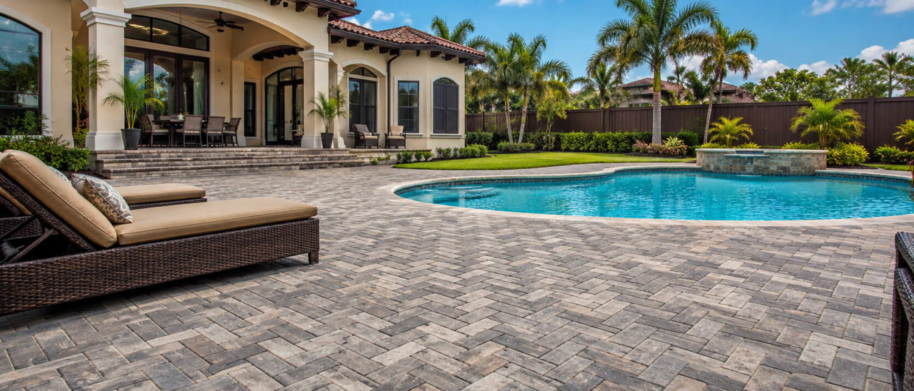 Herringbone paver patio and spa wrapping a freeform pool behind a Mediterranean style Pompano Beach home