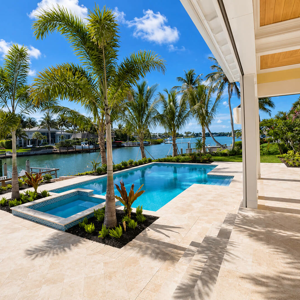 Ivory travertine paver deck connecting a covered lanai to a pool and spa on a Boca Raton waterfront canal lot