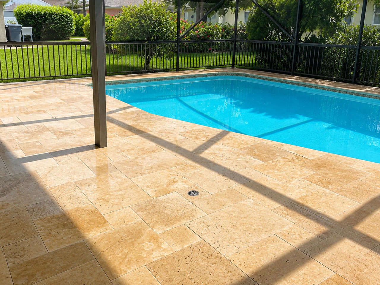 Golden travertine paver pool deck inside a screened lanai in Juno Beach, with a fenced backyard beyond the enclosure