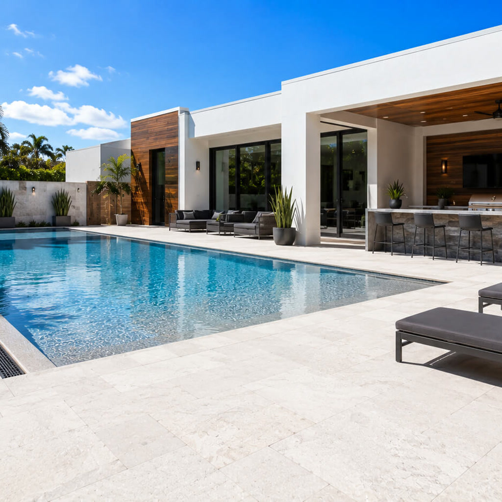 Renovated lap pool alongside a covered outdoor kitchen and lounge on a pale stone deck at a Deerfield Beach poolside retreat