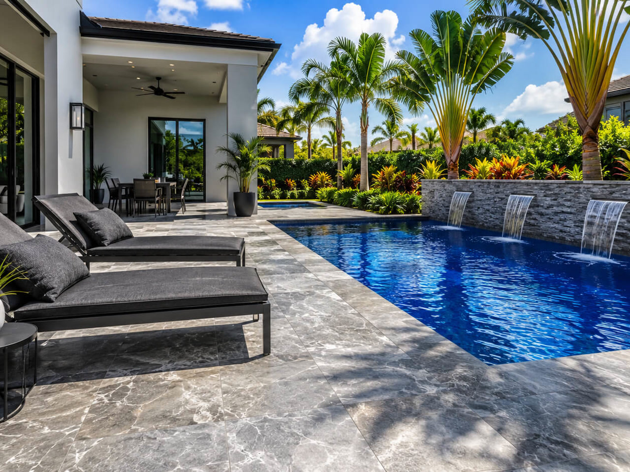 Renovated cobalt-blue pool with three sheer descent waterfalls over a stacked stone wall for a Delray Beach pool renovation