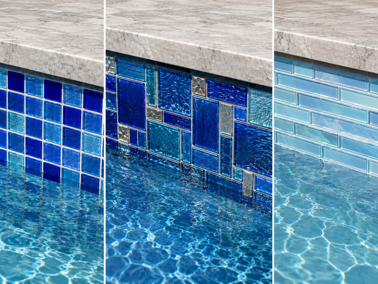 Three glass waterline tile options side by side, from cobalt mosaic squares to a light aqua subway pattern, at a Greenacres home