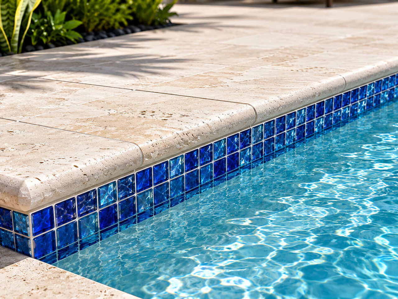 Bullnose travertine coping paired with a cobalt and turquoise glass tile band along the pool edge at a Juno Beach residence