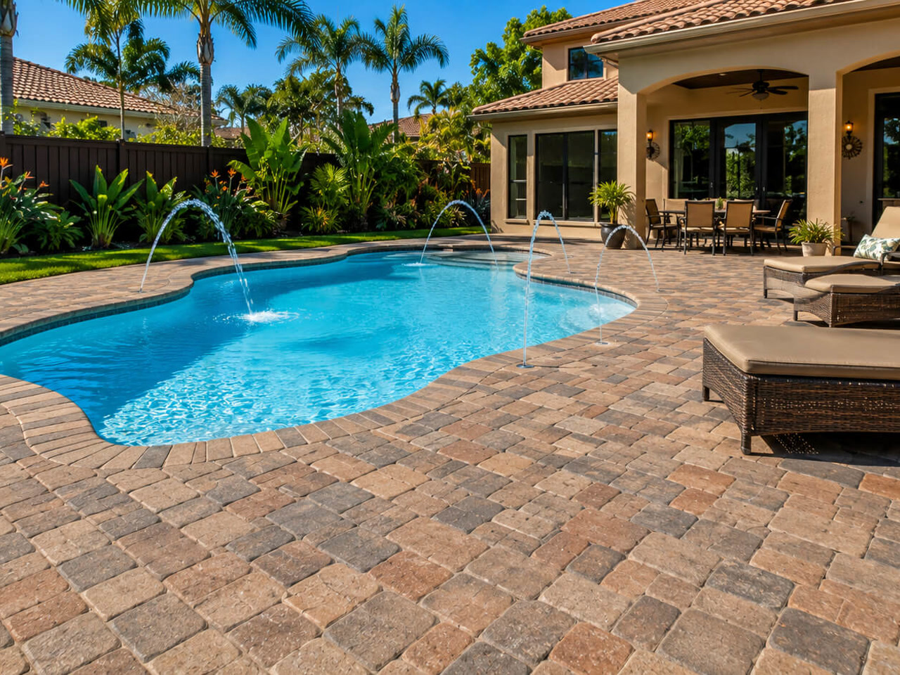 Renovated free-form pool with arcing deck jets and a tumbled paver pool deck at a Juno Beach property