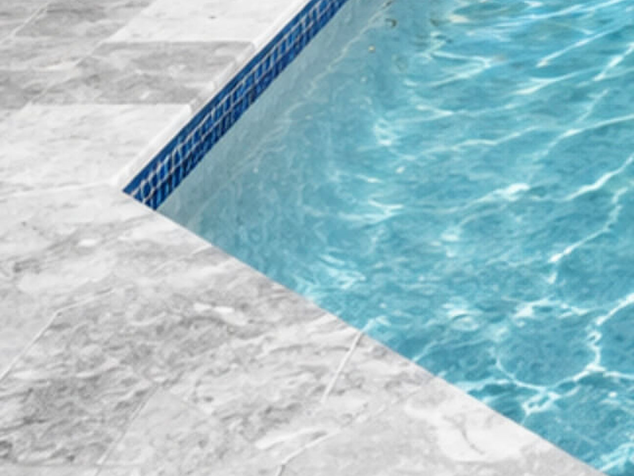Squared gray marble coping profile meeting the pool corner over a cobalt mosaic waterline band in a Jupiter backyard