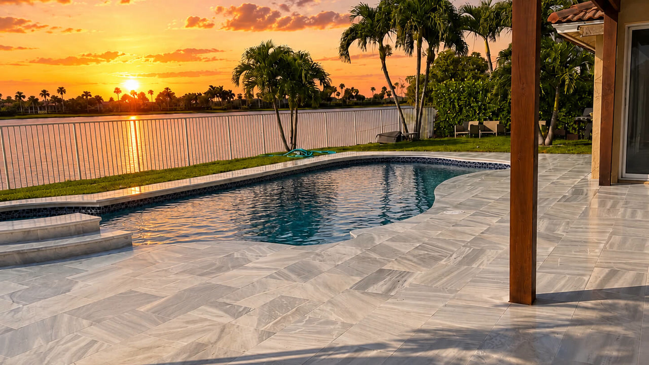 Renovated free-form pool at sunset with a herringbone marble deck overlooking a lake in a Pompano Beach backyard