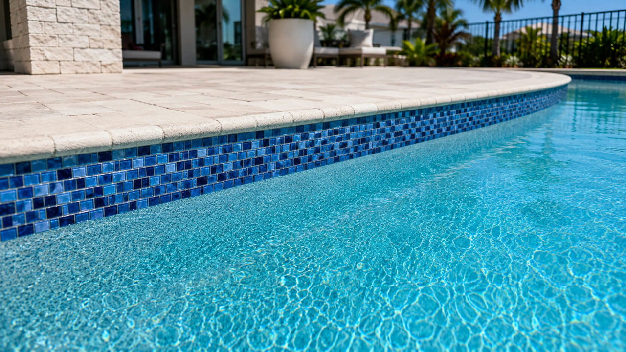 Renovated pool edge with new blue glass mosaic waterline tile under a bullnose travertine coping for a Gulfstream homeowner