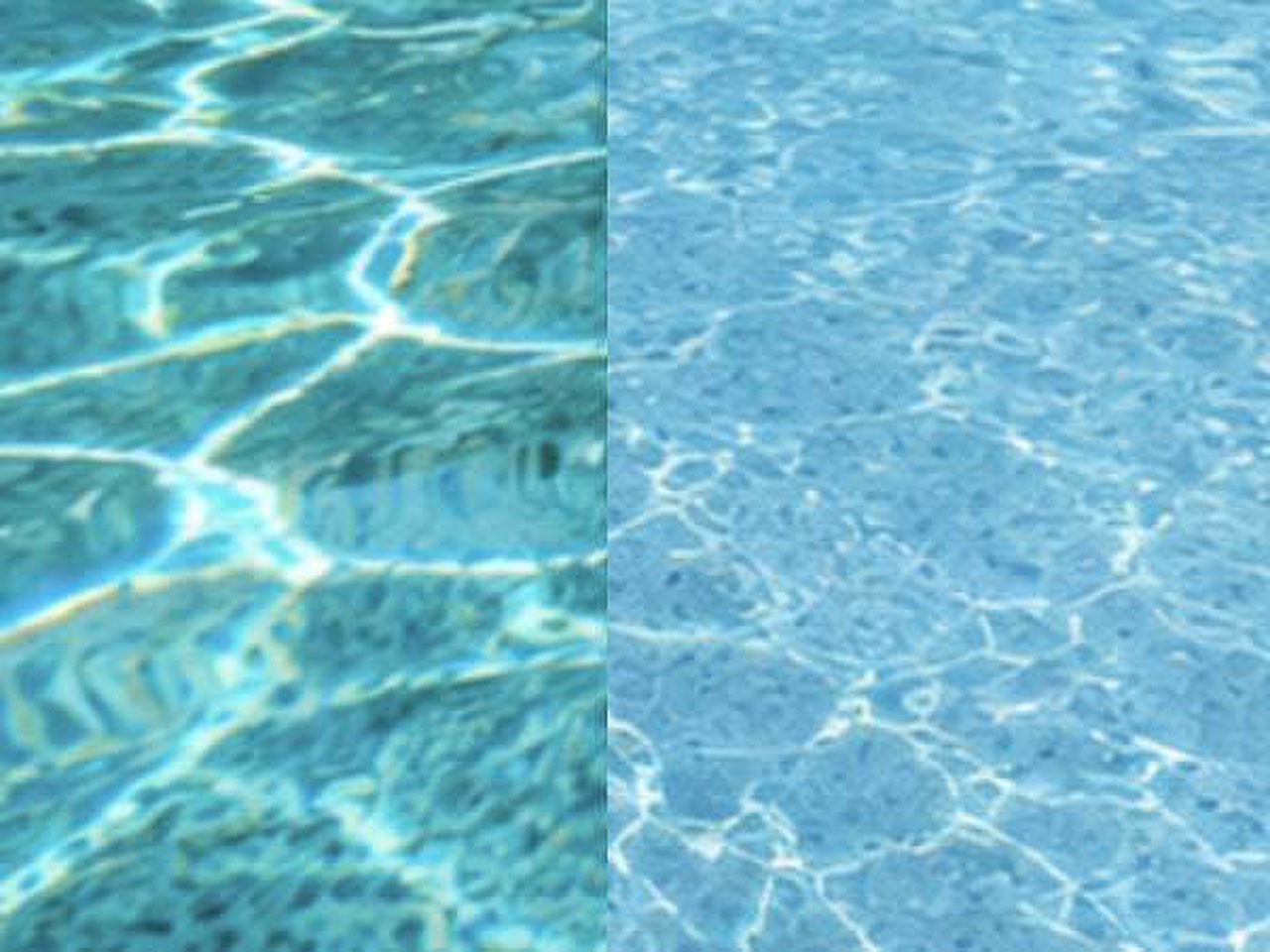 Side by side comparison of pool water over a dark teal finish and over a light blue finish in a Juno Beach backyard