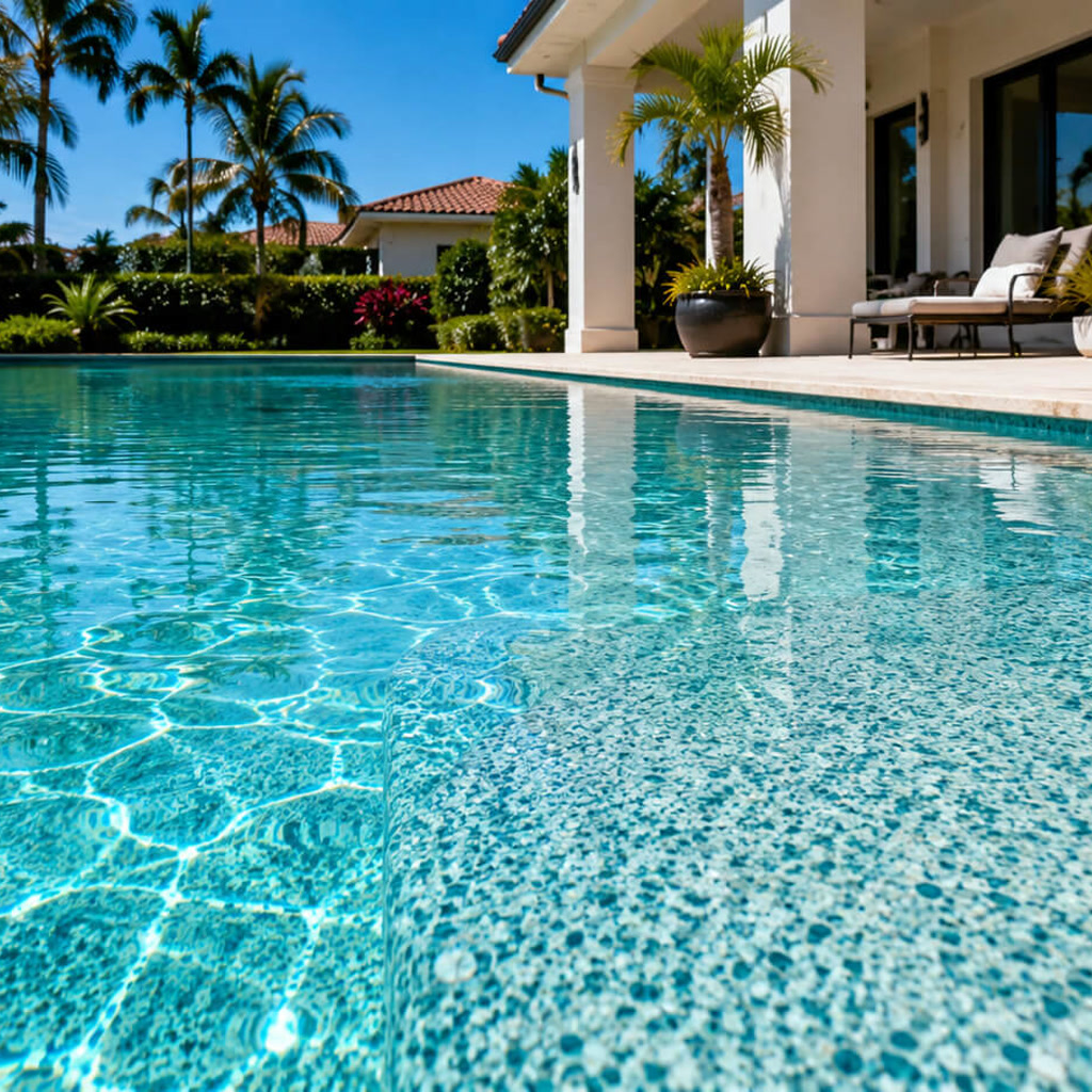 Resurfaced pool whose pebble finish coordinates with the travertine deck and covered patio seating in a Jupiter neighborhood