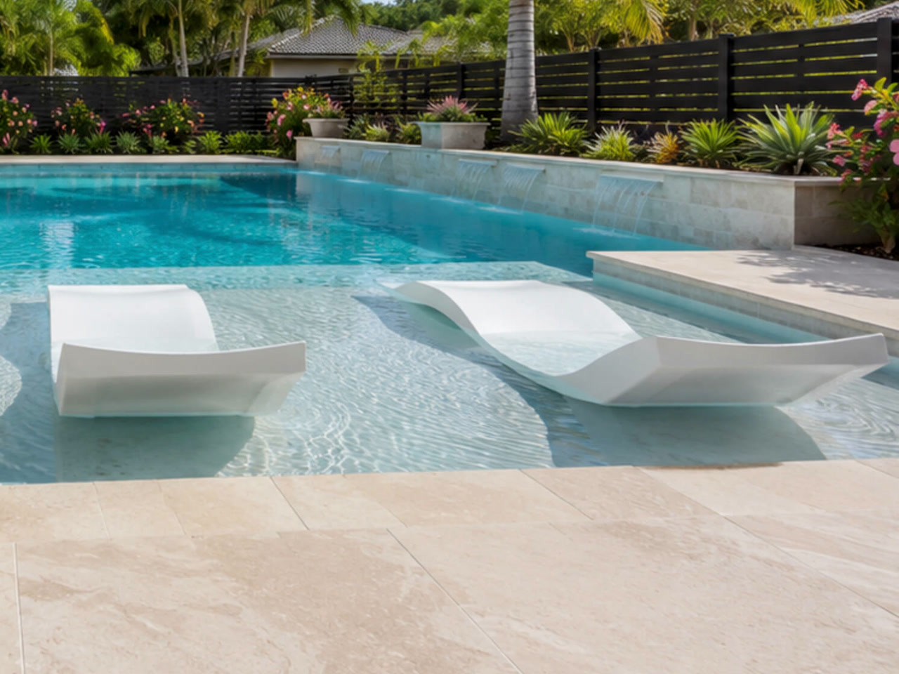 Tanning ledge with two white in water loungers on a Boynton Beach property, sheer descents spilling from a stone wall behind