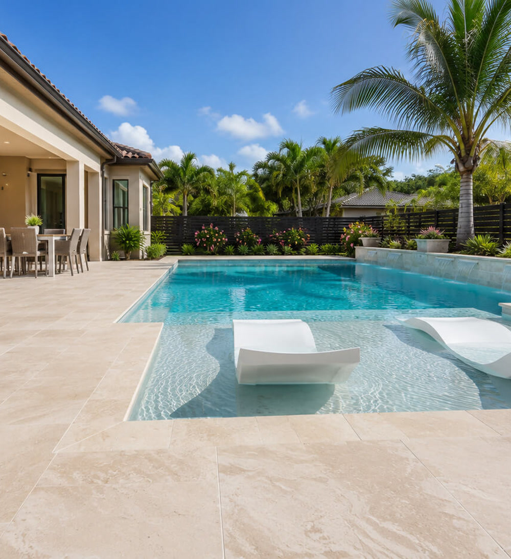 Sun shelf with two white in water loungers beside a travertine deck and covered lanai at a Gulfstream estate