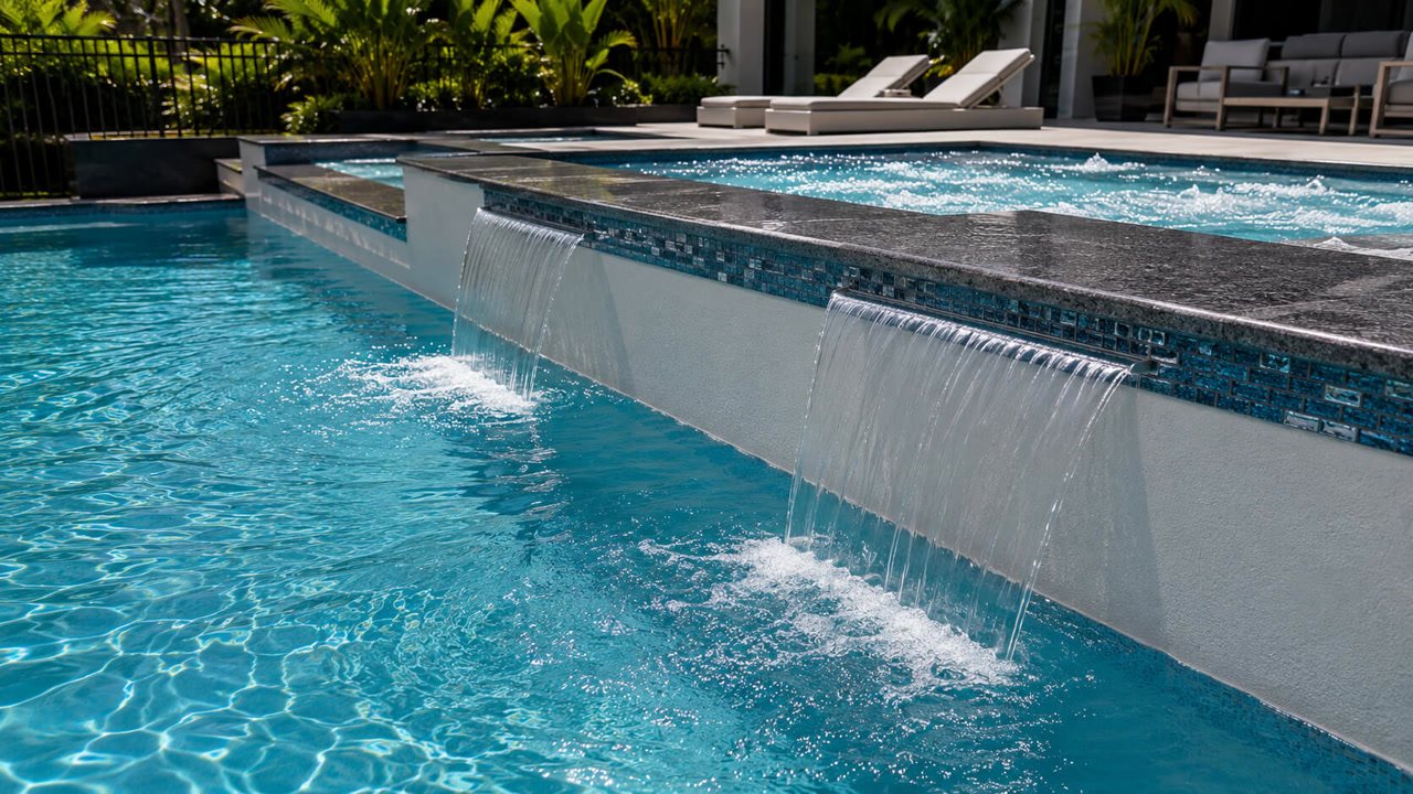Upgraded pool with sheer descents pouring from a raised spa wall trimmed in blue glass mosaic tile in a Hypoluxo backyard