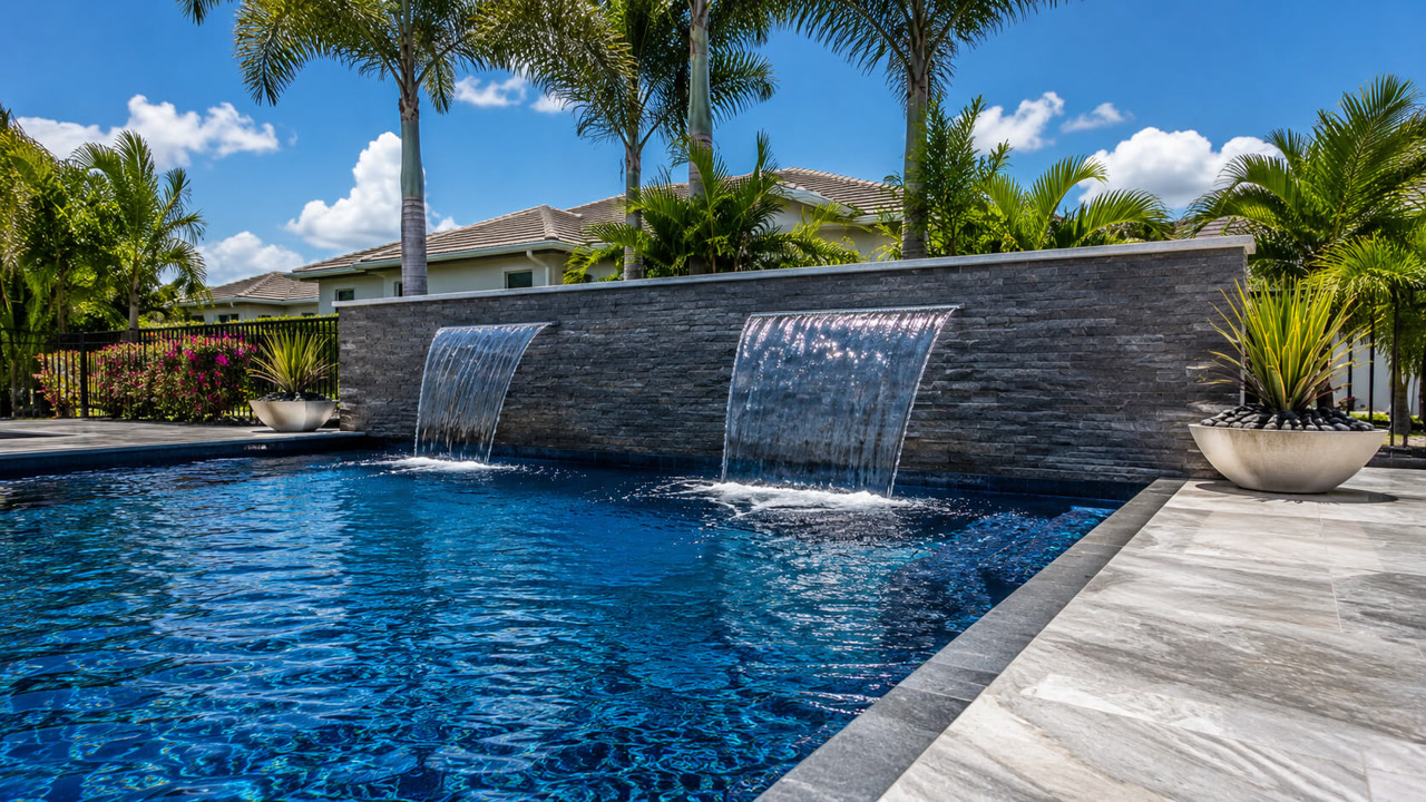Two sheer descent waterfalls spilling from a gray stacked stone wall into a deep blue pool in Juno Beach