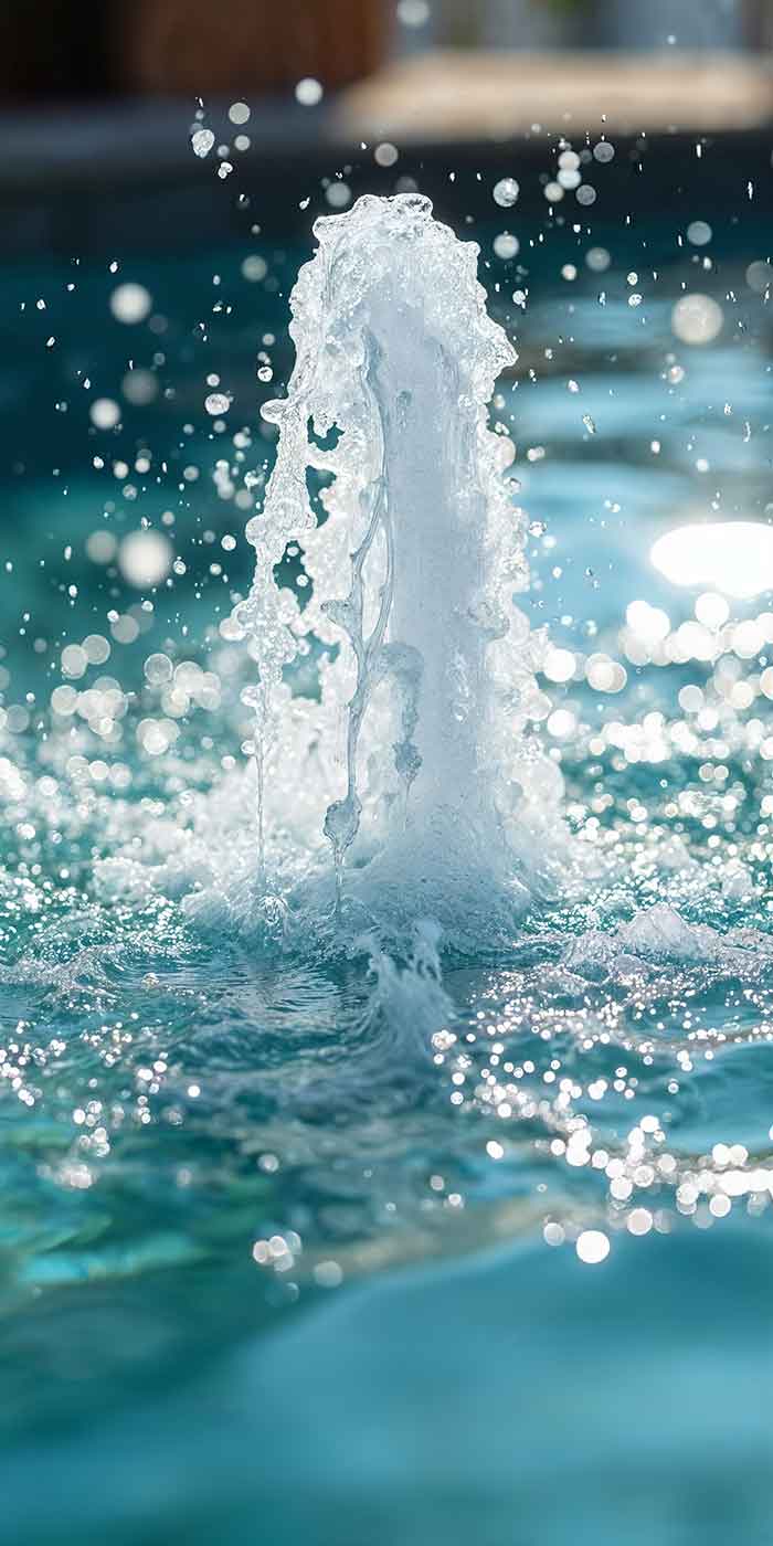 Close-up of a pool bubbler water feature spraying in a modern Jupiter pool