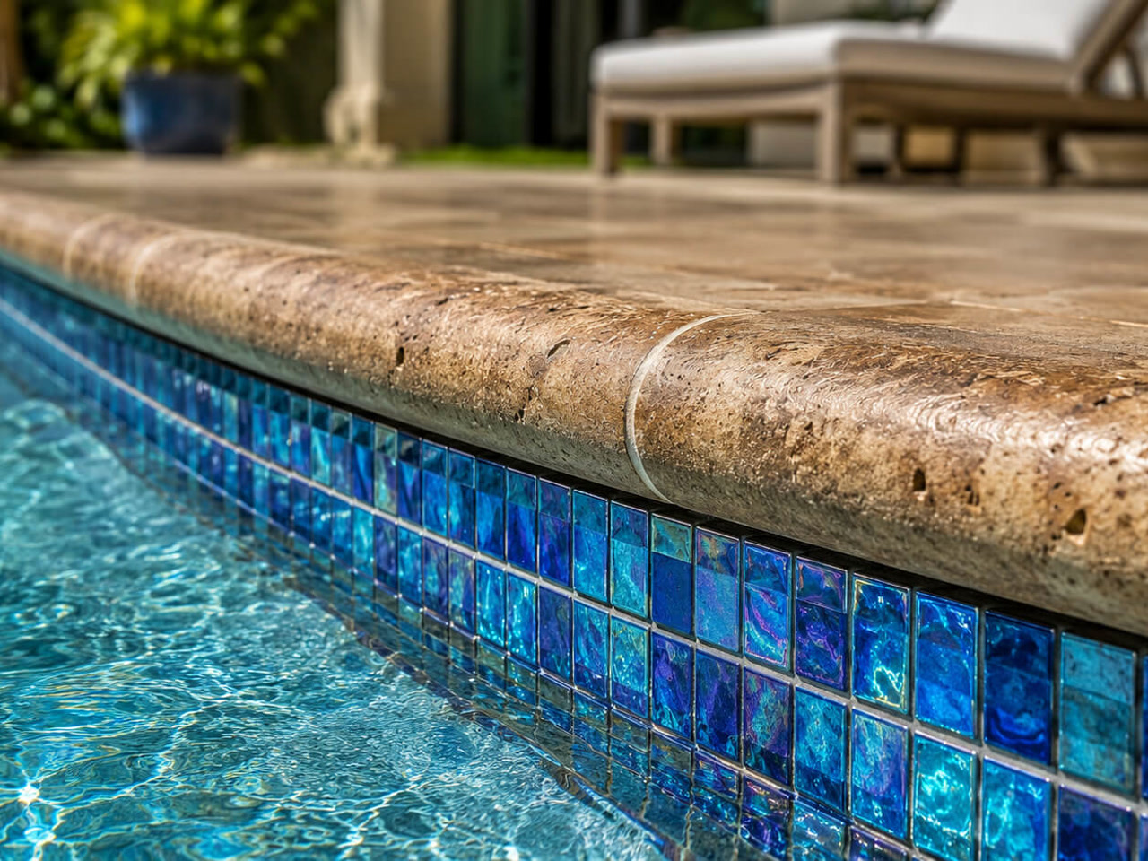 Close up of iridescent blue glass waterline tile beneath a tumbled travertine bullnose coping, Gulfstream