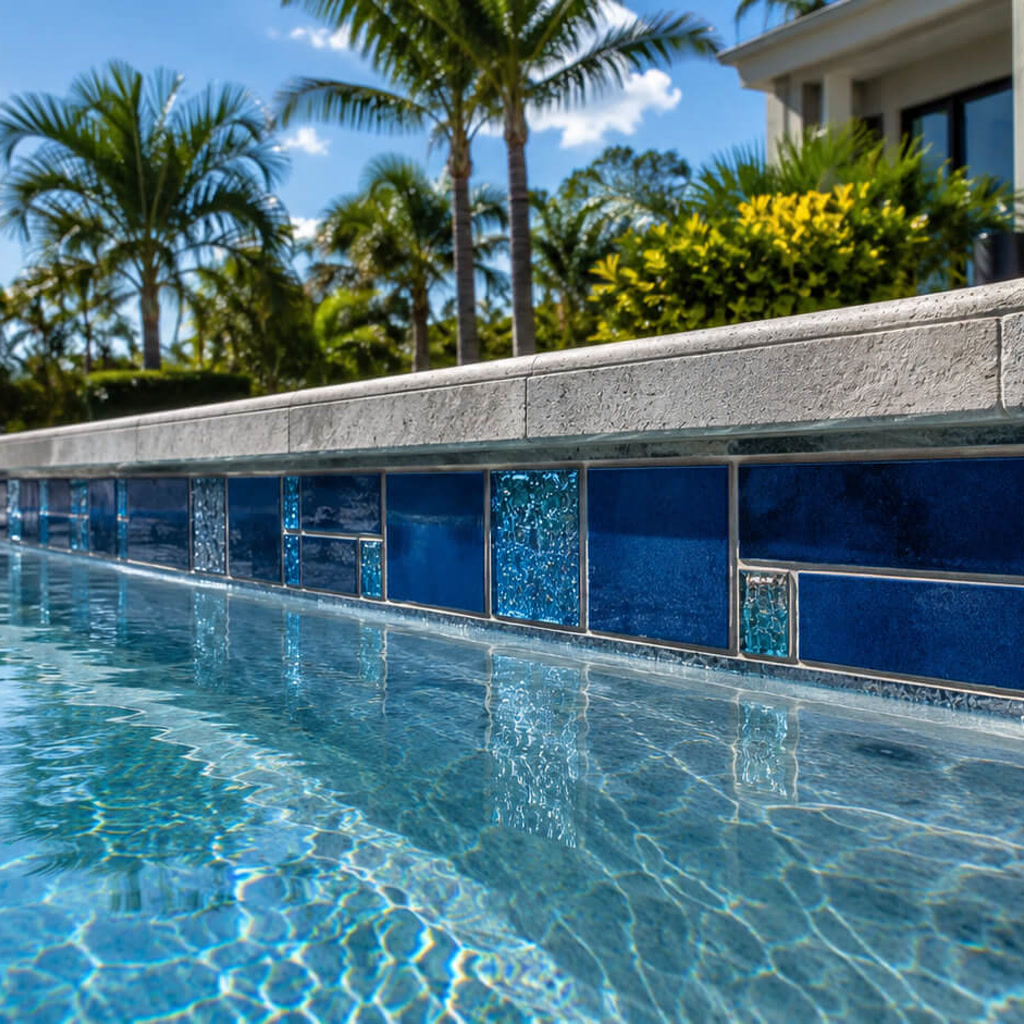 Gray stone coping combined with cobalt and turquoise glass tile, matched to the landscape at a Gulfstream backyard pool
