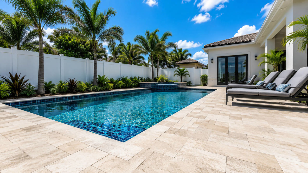 Pool with a fully renovated edge, deep blue waterline tile and travertine coping wrapping the spa in a Juno Beach backyard
