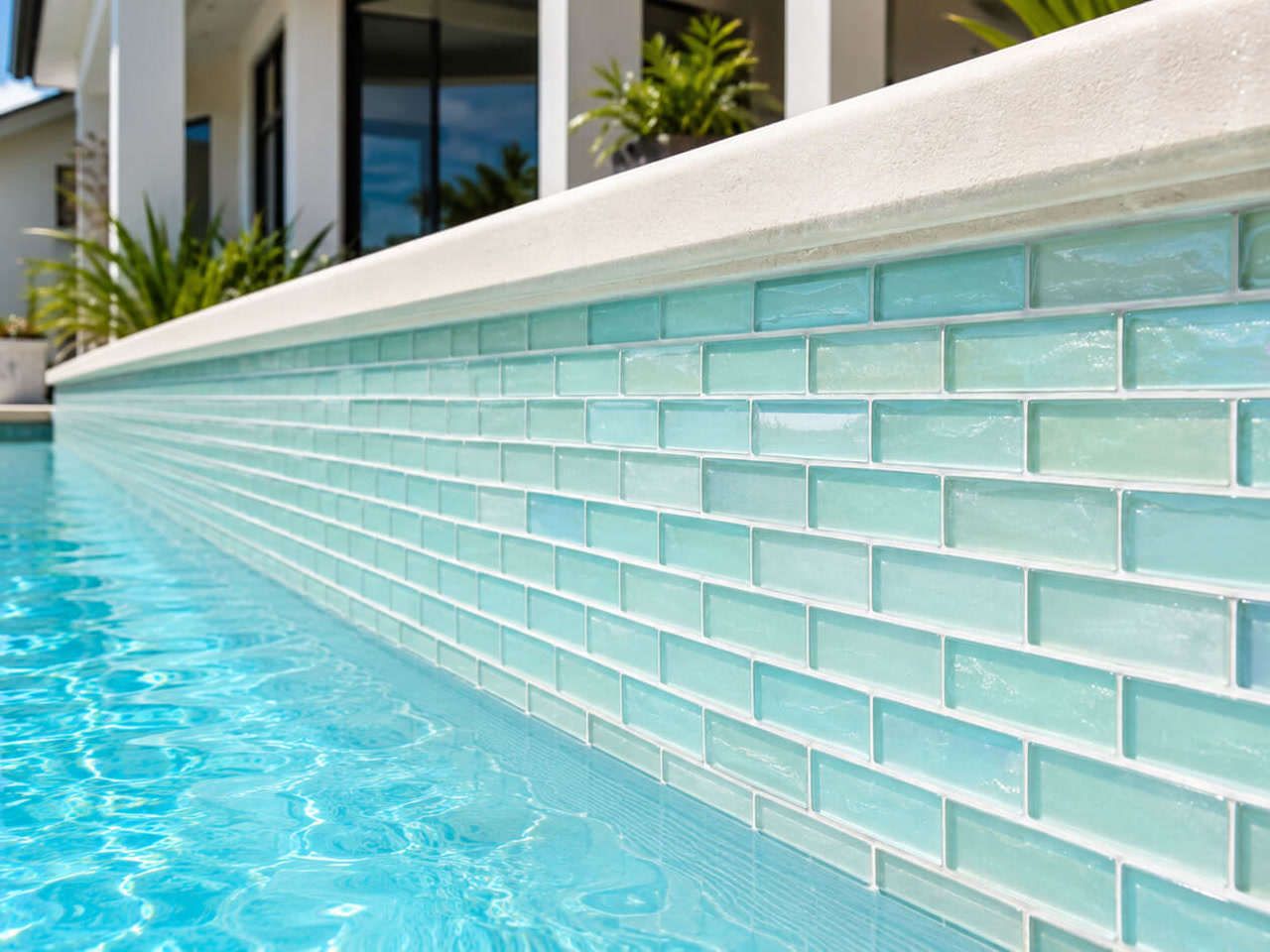 Turquoise glass subway waterline tile running the length of a Juno Beach pool under a cream cast concrete coping