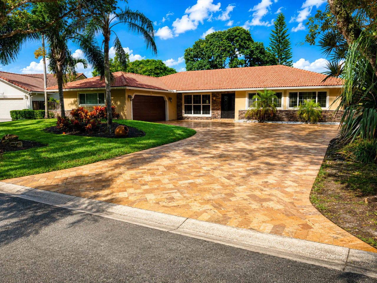 Wide travertine paver driveway in a herringbone pattern curving up to a Florida home with a terracotta tile roof