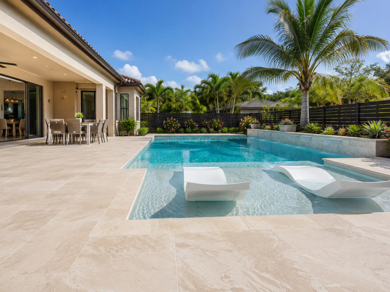 Ivory travertine paver patio wrapping a pool with in water loungers, beside the covered lanai of a Florida home