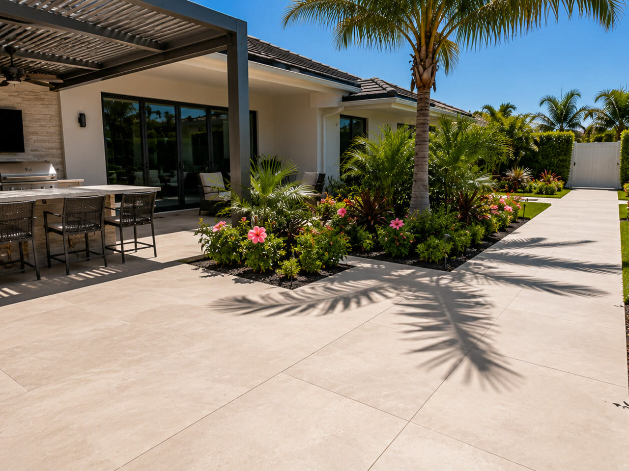 Cream paver patio at an outdoor kitchen under a pergola, with a walkway running between planting beds