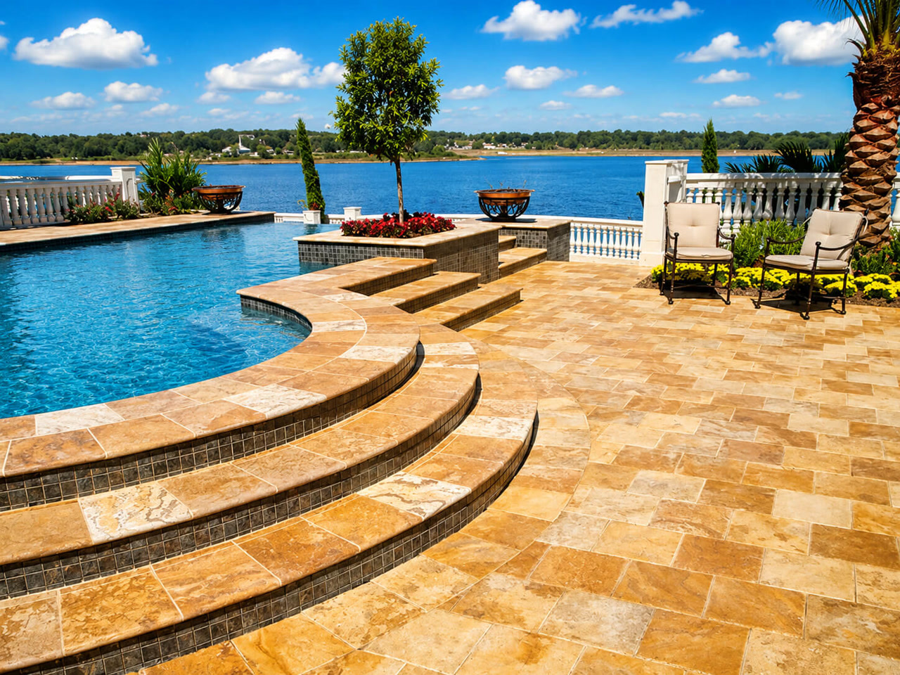 Finished two tone travertine paver pool deck with curved steps leading down to a lakefront pool