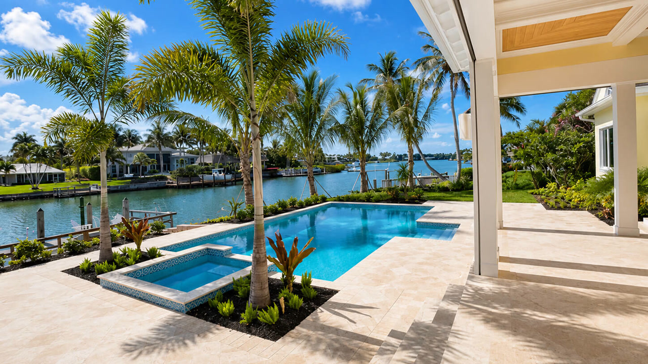 Pool renovation with a blue tile-lined pool and spa, travertine deck and palm-lined waterfront view