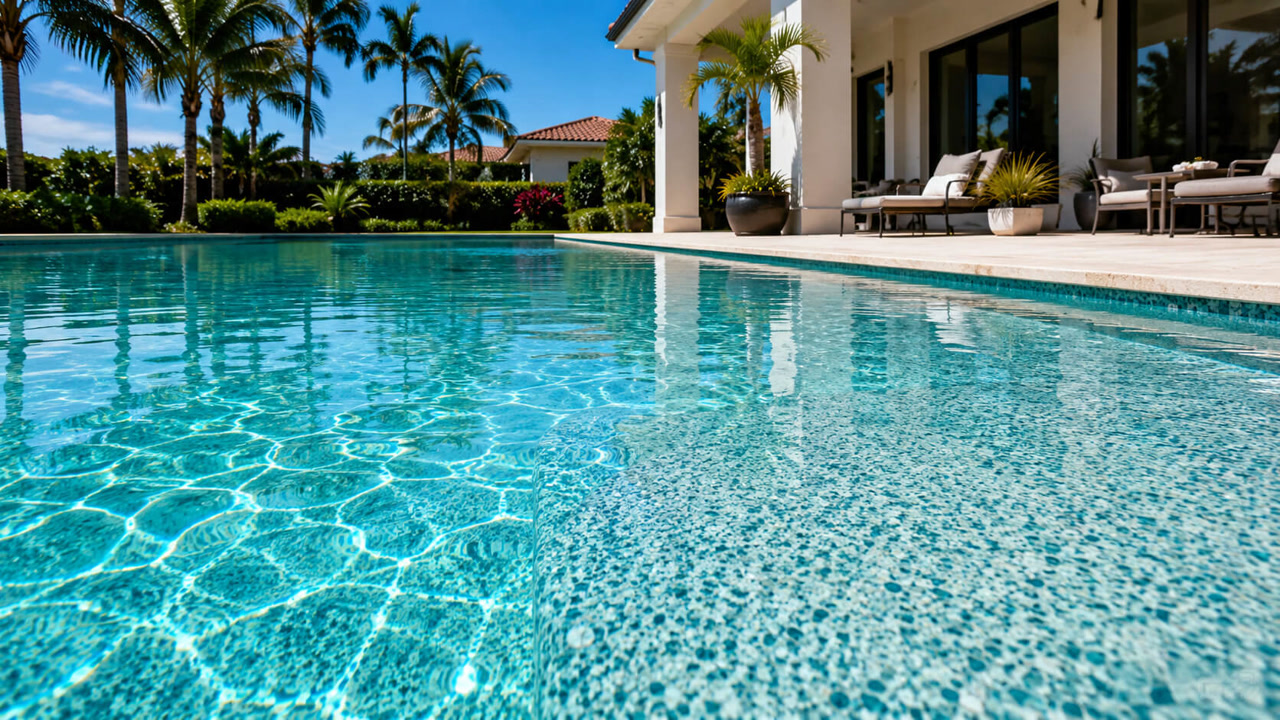 Resurfaced pool with a blue green pebble finish visible under clear water, beside the covered patio of a Florida home