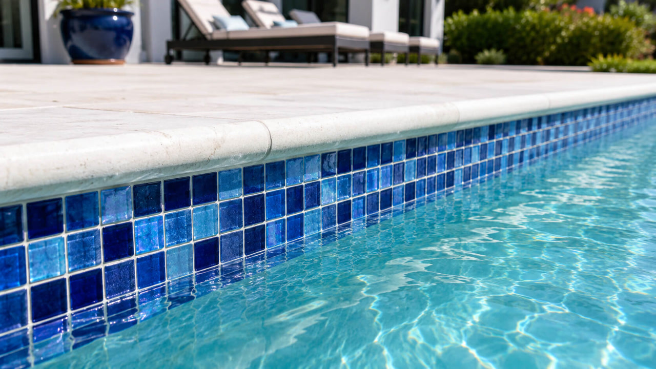 Pool edge with blue glass mosaic waterline tile under a bullnose travertine coping, loungers on the deck beyond